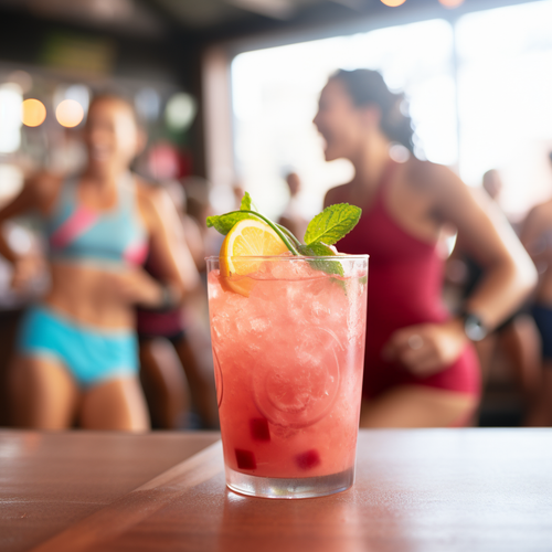 An image of a fresh looking mocktails with gym and women working out as the background